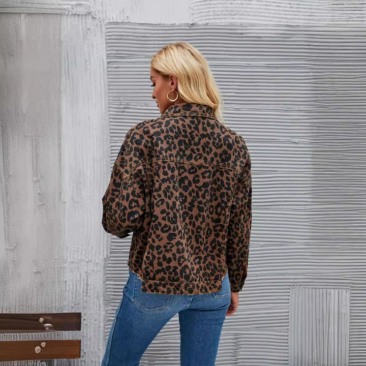 Ladies Checkered Denim Jacket in trendy Leopard Pattern with modern cut