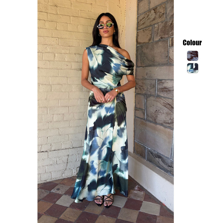 Women's sheath dress with asymmetric neckline and exquisite draping