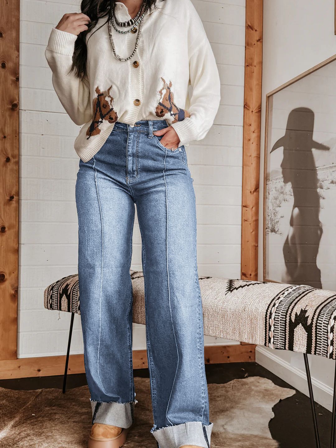 Women wide High-Waist jeans with unique contrast seams and casual look Lisslune
