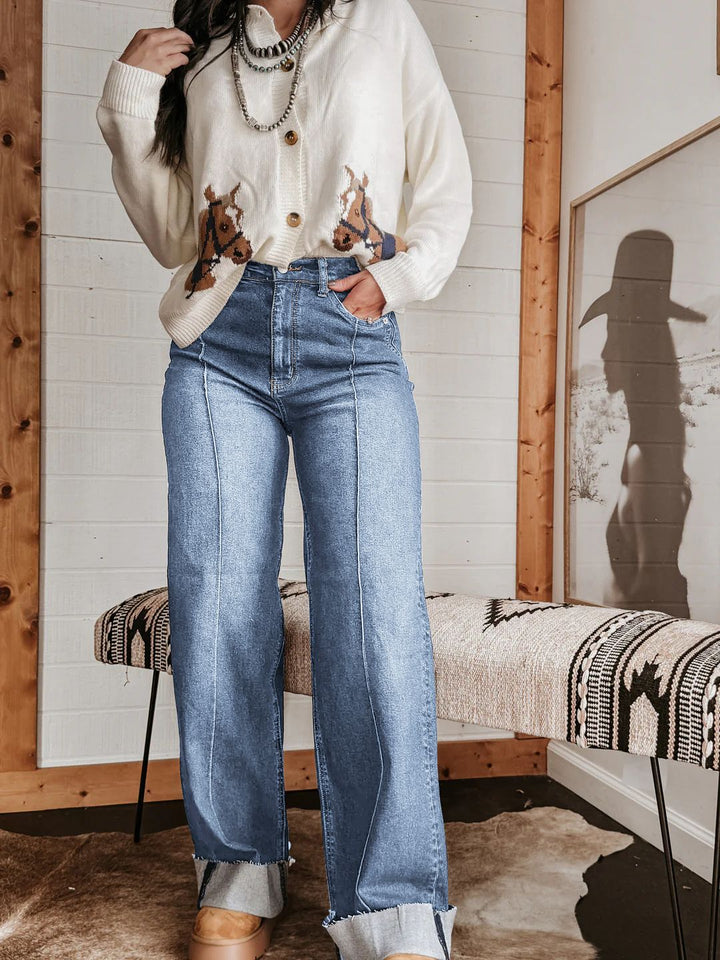 Women wide High-Waist jeans with unique contrast seams and casual look Lisslune