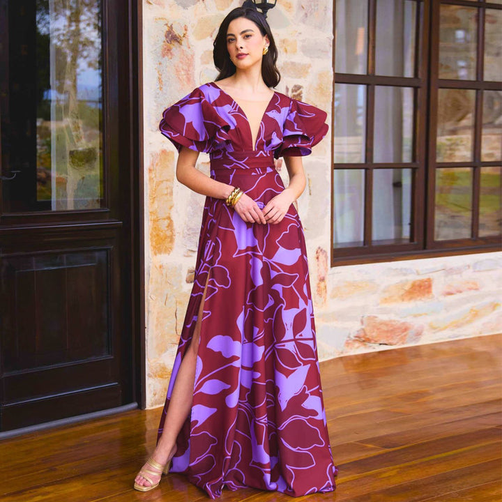 Ladies Maxi Dress with voluminous puff sleeves and elegant slit Lisslune