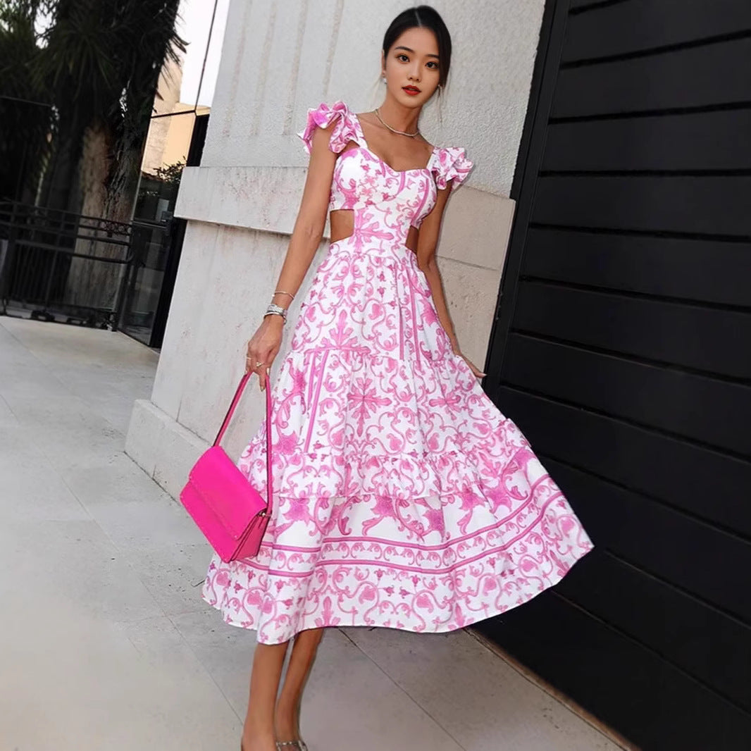 Ladies Elegant Maxi Dress with Cut-out Design and Ruffle Details