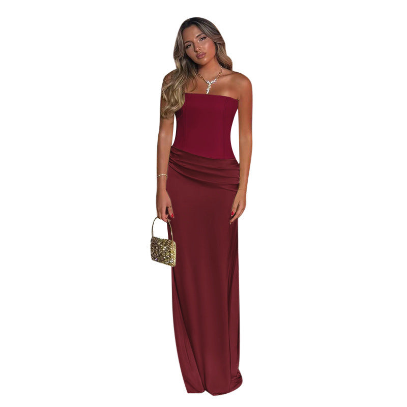 Women Strapless Maxi Dress with Flowing Cut and Gatherings Lune London