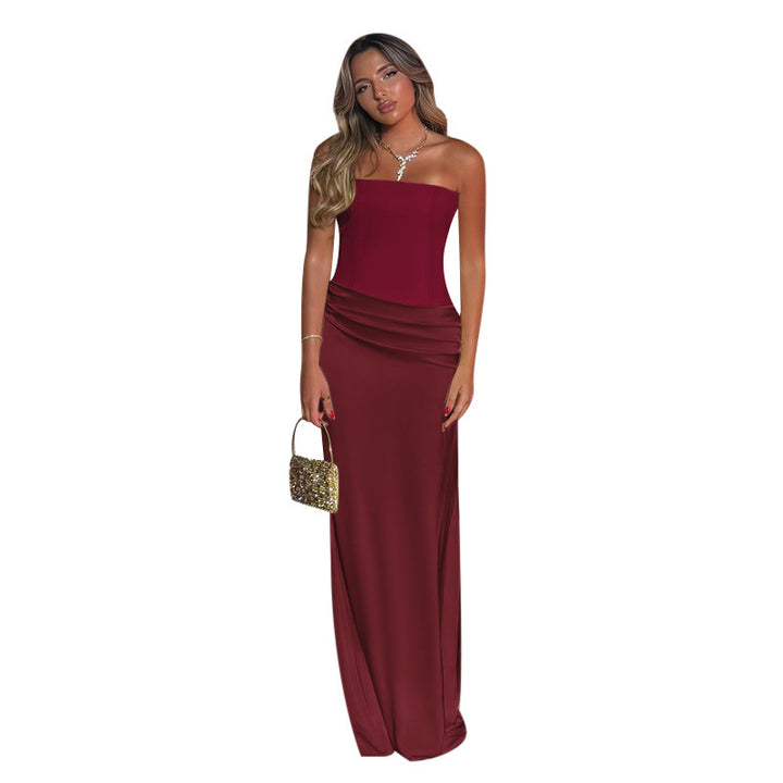 Women Strapless Maxi Dress with Flowing Cut and Gatherings Lune London