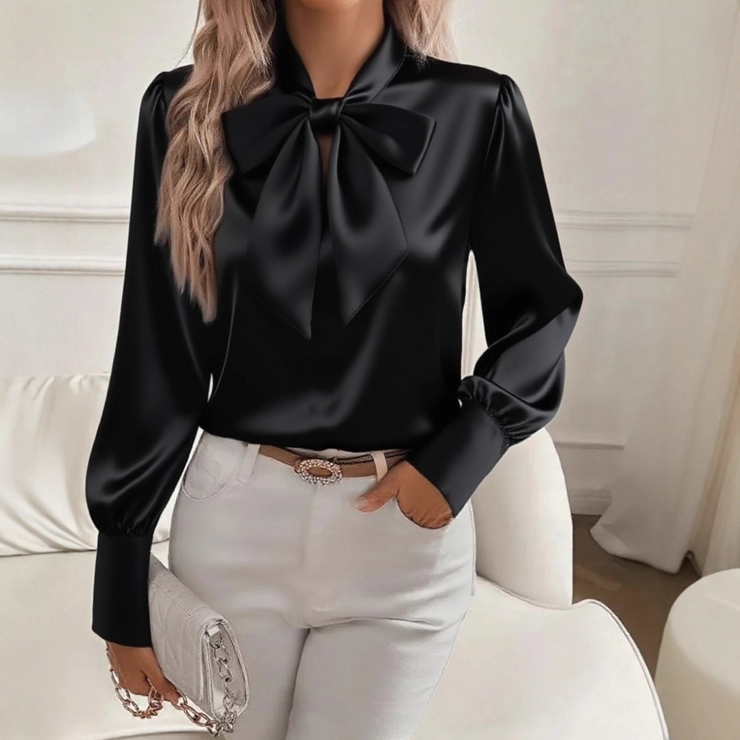 Damen elegante Satinbluse mit Schleifenkragen und Puffärmeln Lisslune