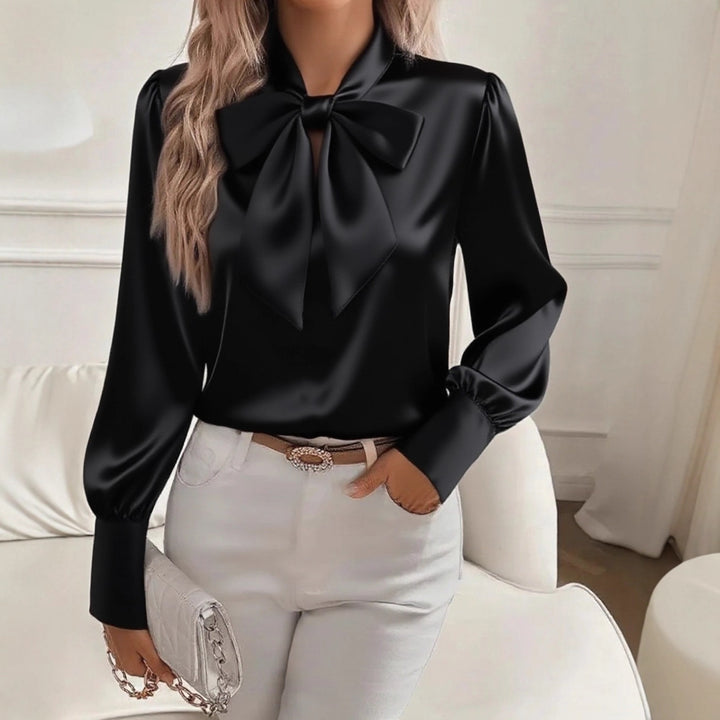 Damen elegante Satinbluse mit Schleifenkragen und Puffärmeln Lisslune