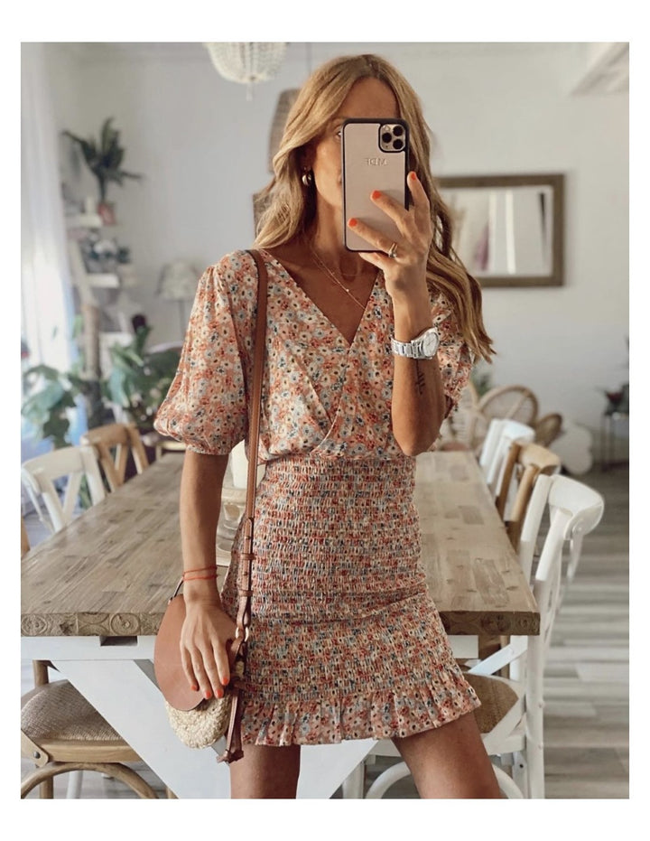 Ladies mini dress with floral ruffles and elastic waistband Lune London