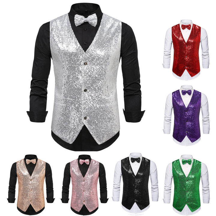 Men's Glamorous Sequin Vest with Stylish Bow Tie Lisslune
