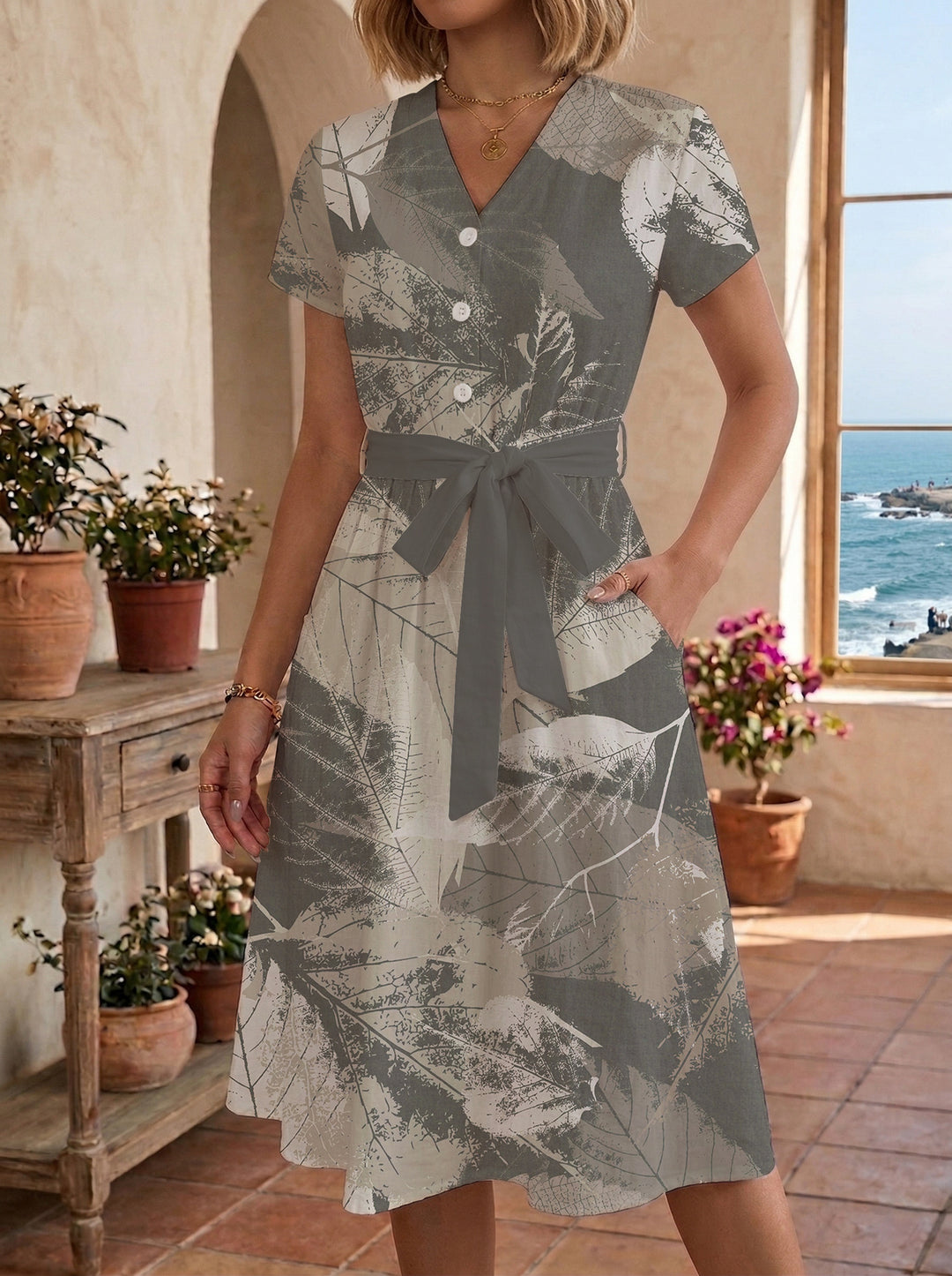 Women's Blooming Midi Dress with Adjustable Belt and Artistic Print Lisslune