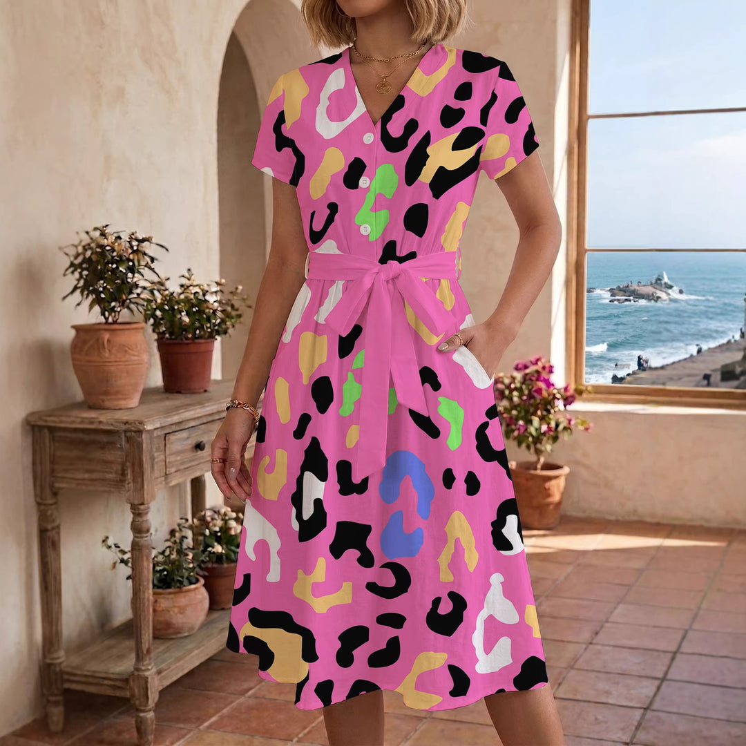 Women's casual dress with modern leopard print and adjustable belt Lisslune