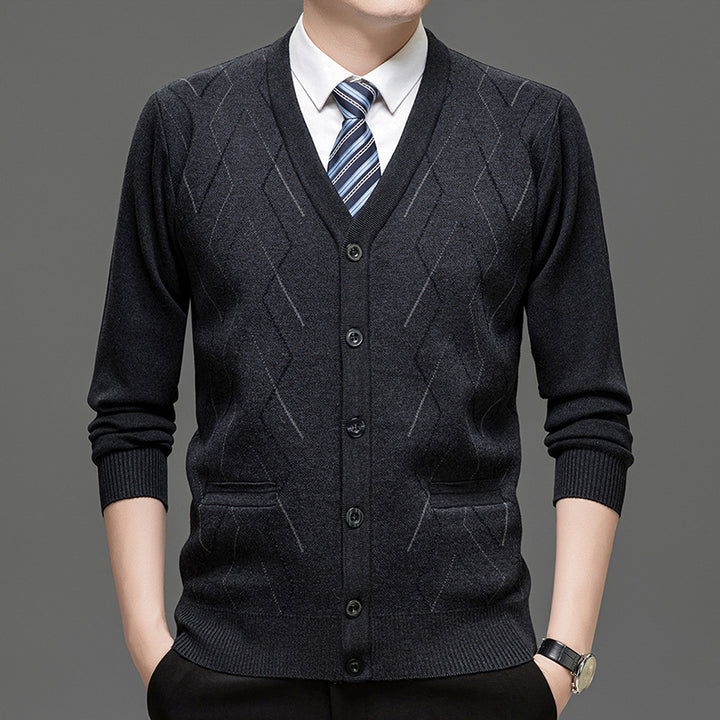 Men's Cardigan with Deep V-Neck and Elegant Diamond Pattern Lisslune