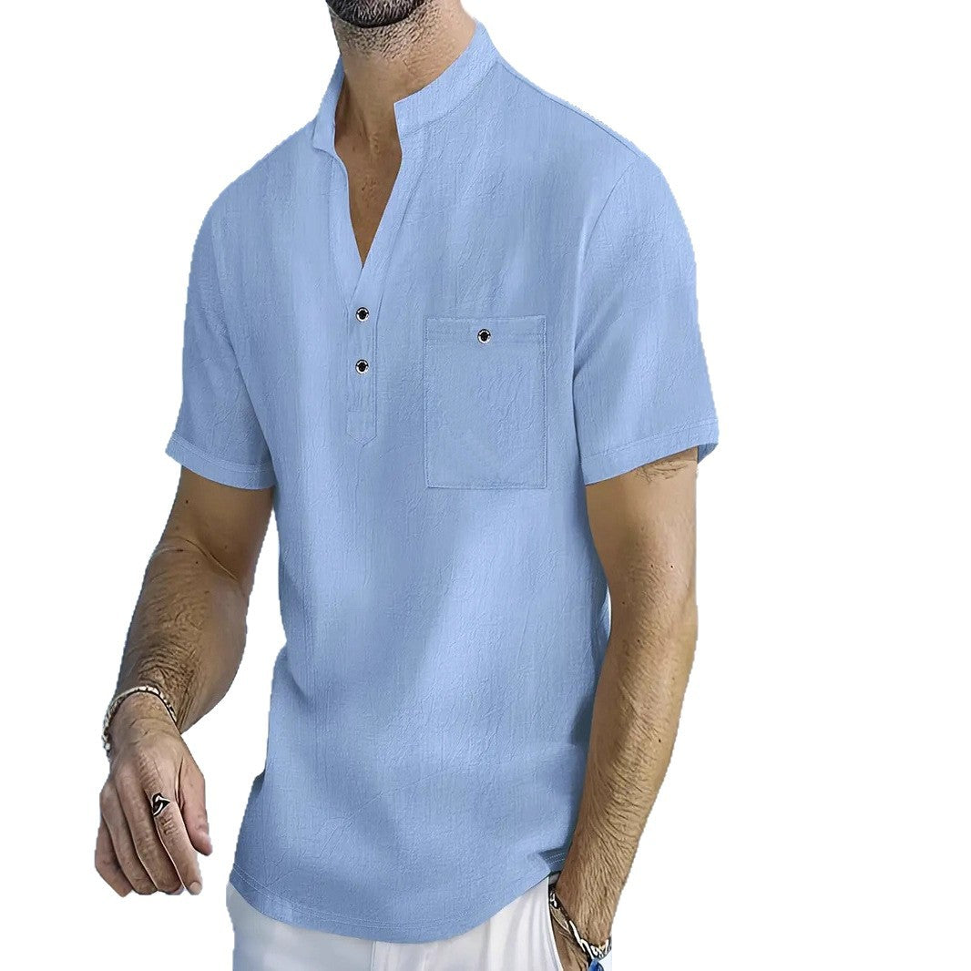 Men's short sleeve shirt with fashionable stand-up collar and button details Lisslune