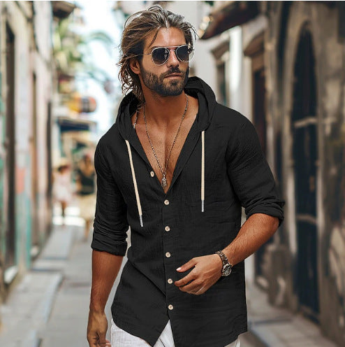 Men's Casual Linen Shirt with Hood Lisslune