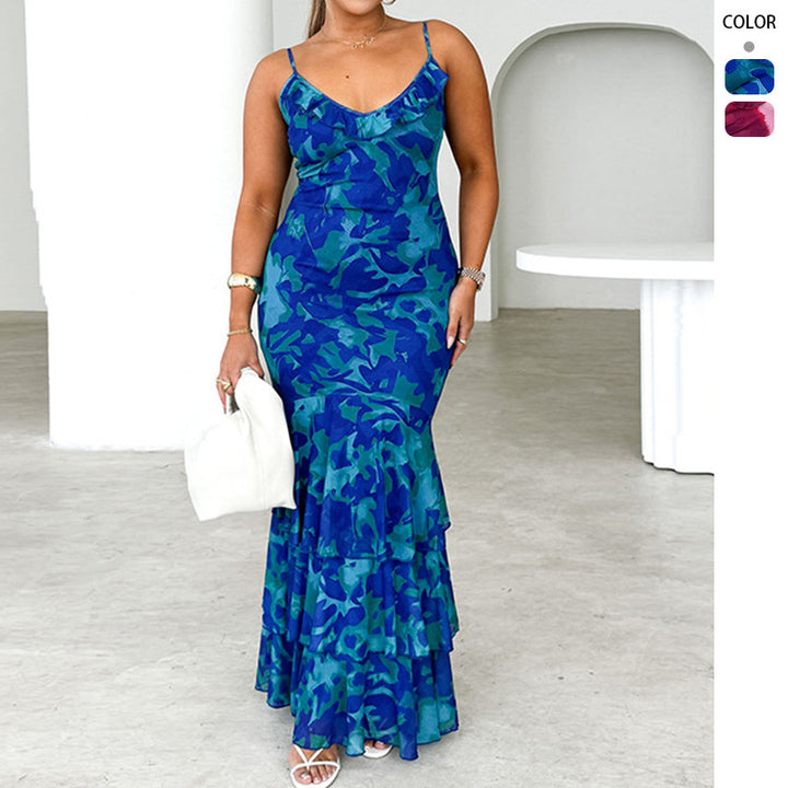 Women's body-hugging maxi dress with ruffle details and spaghetti straps Lisslune