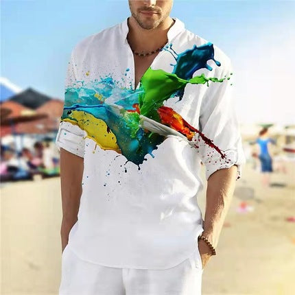 Men's linen shirt with unique feather design and button-down collar Lisslune
