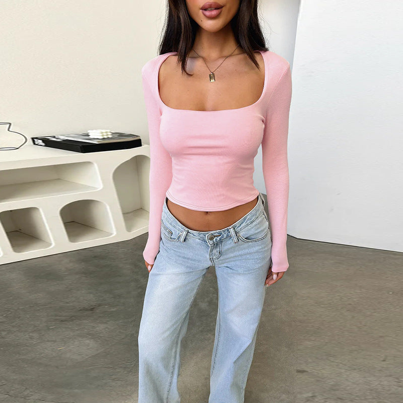 Women's long sleeve crop top with original U-neckline and figure-flattering cut
