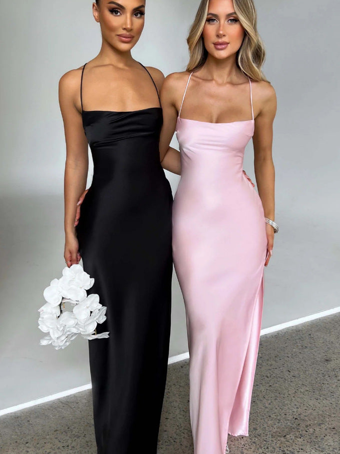 Women's Elegant Maxi Dress with High Slit and Slim Strap Design