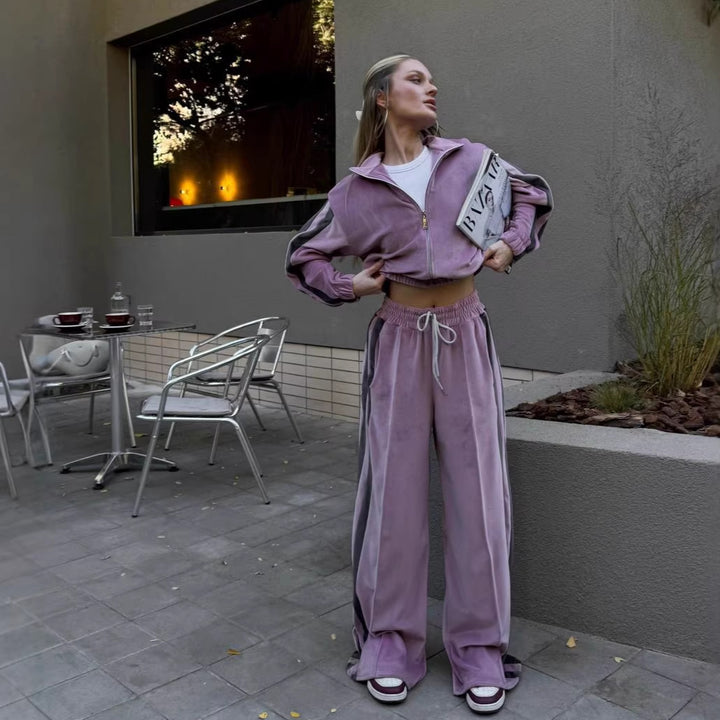 Women's sporty velour tracksuit with contrasting color stripes Lisslune