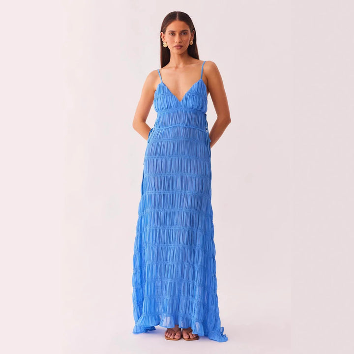 Women’s maxi dress with sophisticated ruffle design and deep V-neck