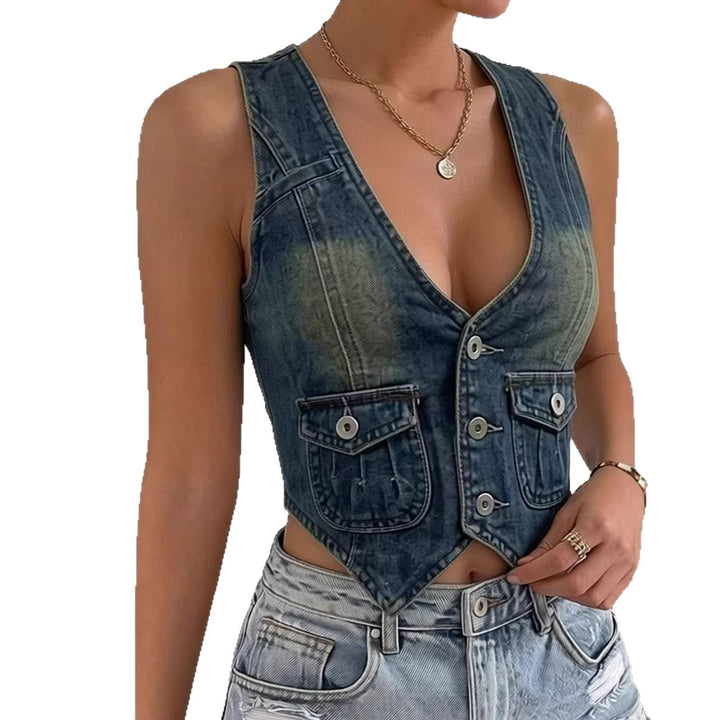 Women's sleeveless denim vest with patch pockets and deep V-neck Lisslune