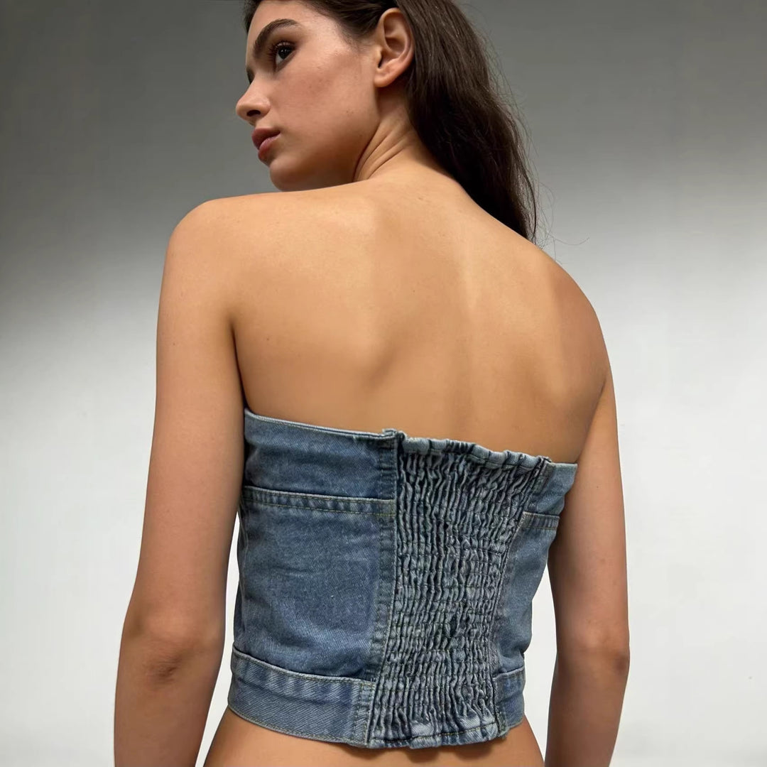 Women Denim Bustier Top with Button Details and Tailored Cut Lisslune