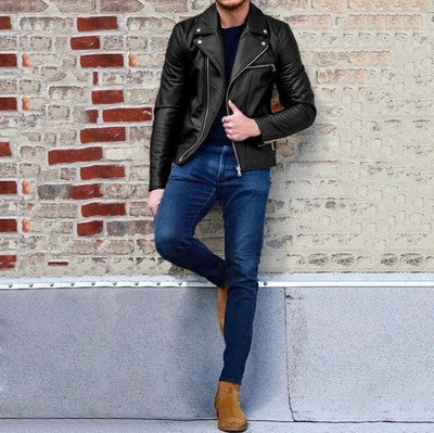 Men's modern biker jacket with asymmetric zipper and leather look Lisslune
