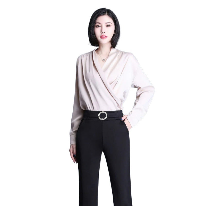 Women Elegant High-Waist Pants with Wide Leg and Decorative Belt Lisslune