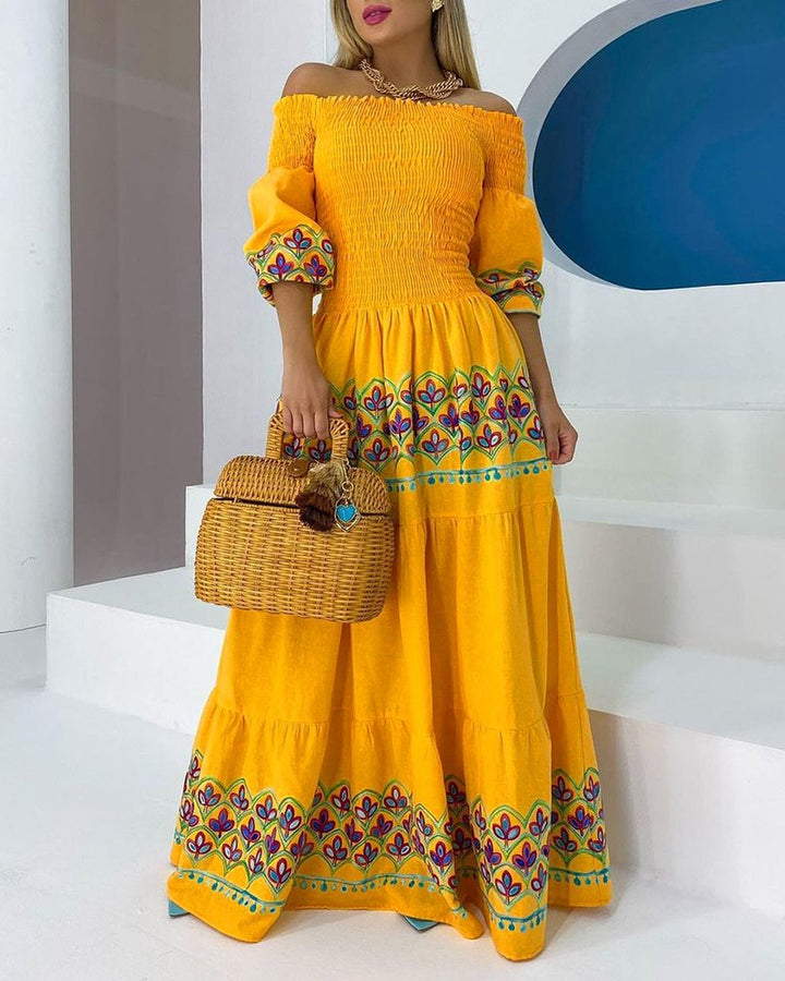 Women's Boho Maxi Dress with Off-the-Shoulder Design and Playful Embroidery Detail