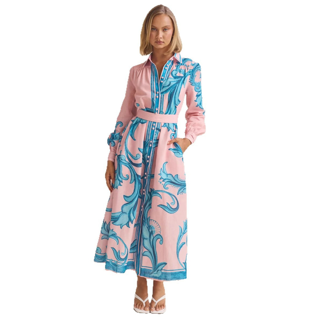 Ladies long sleeve shirt dress with floral accents and waist belt Lune London