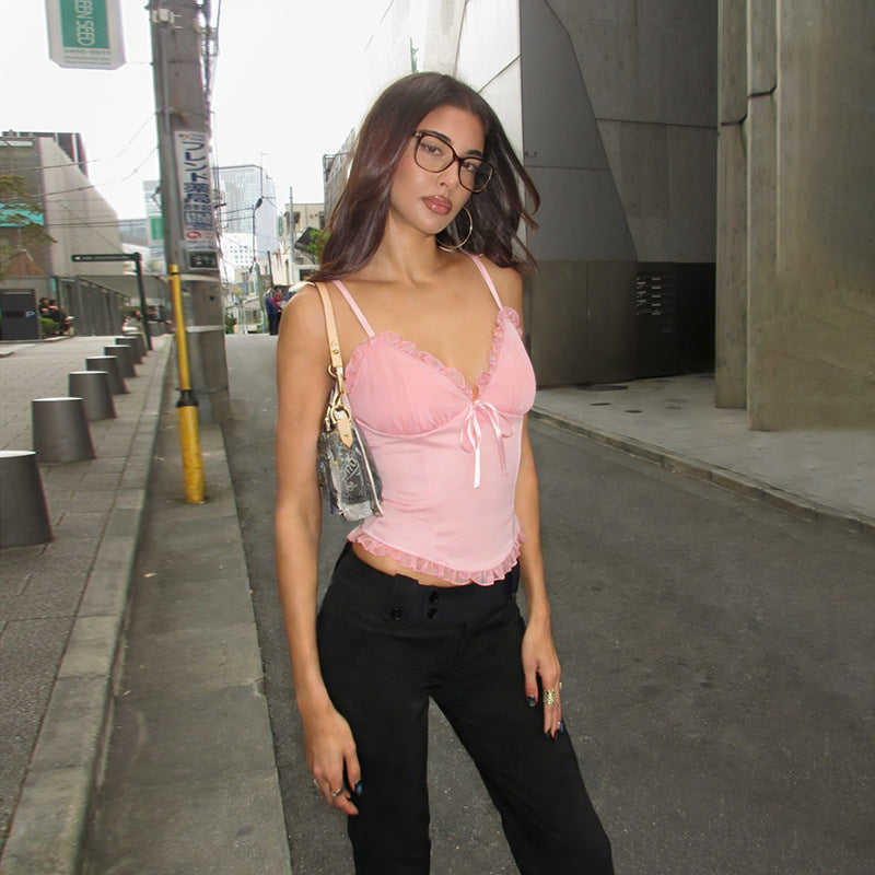 Women's corset top with romantic ruffle details and adjustable drawstring Lune London