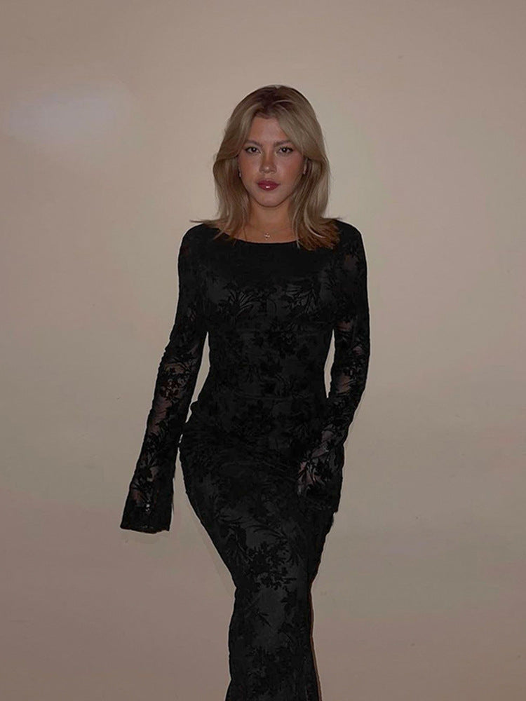 Women's Elegant Long Sleeve Dress with Floral Patterns and Figure-Hugging Silhouette
