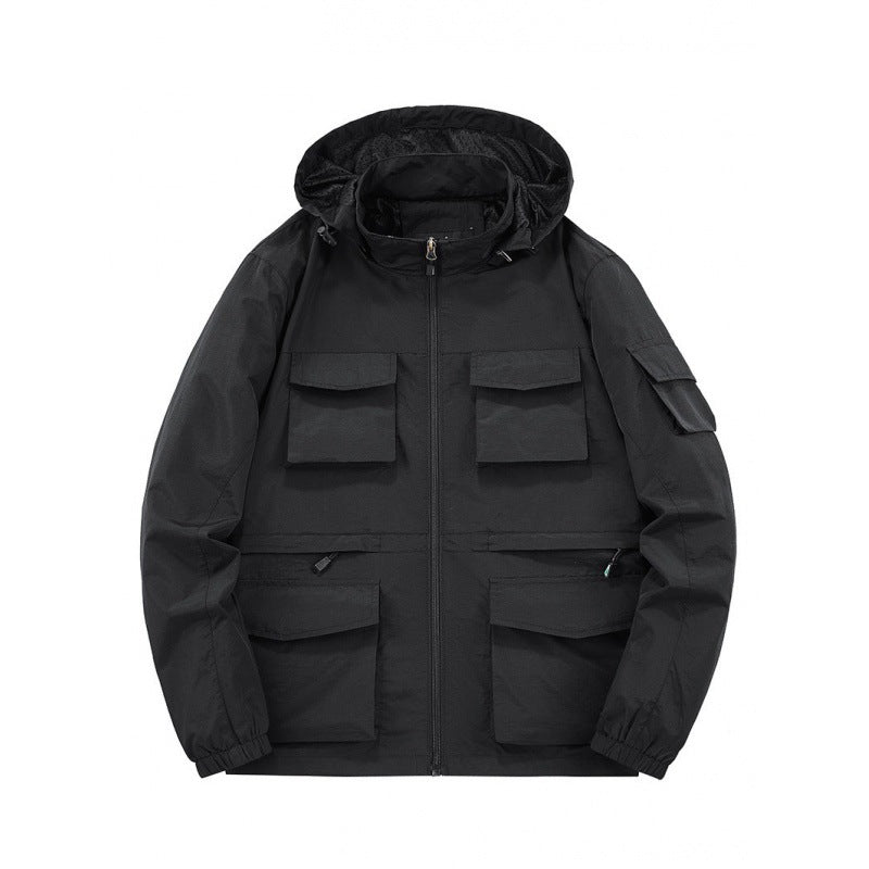 Men's Multifunctional Jacket with Numerous Pockets and Adjustable Hood Collar Lisslune
