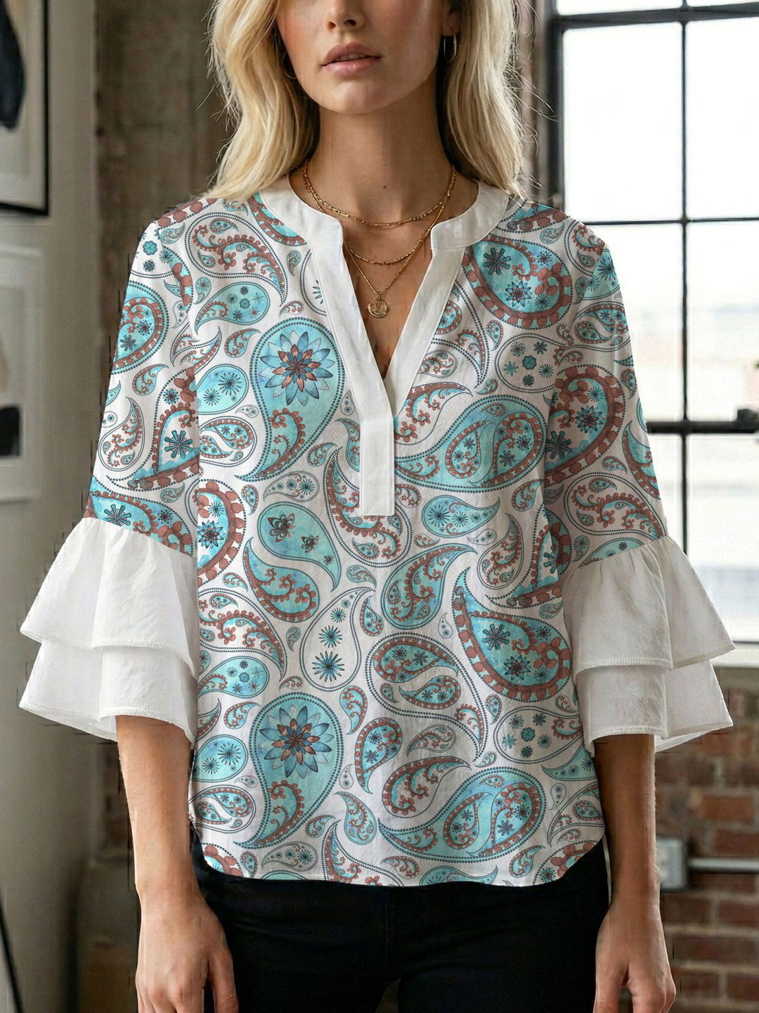 Women's blouse shirt with voluminous sleeves and creative print design Lisslune