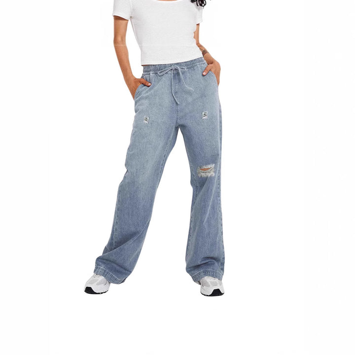 Women's casual wide denim pants with elastic waistband Lisslune
