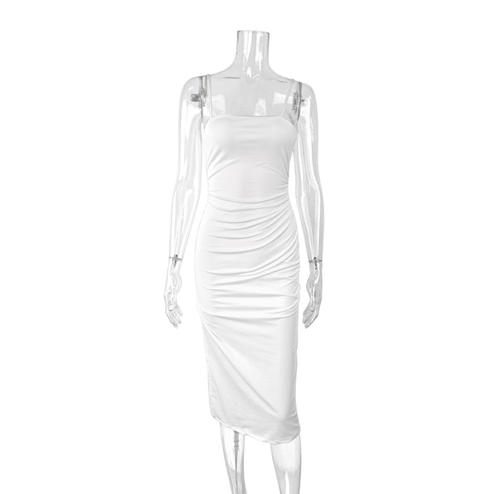 Damen figurbetontes Midi-Kleid mit schulterfreien Trägern und tiefem Schlitz Lisslune