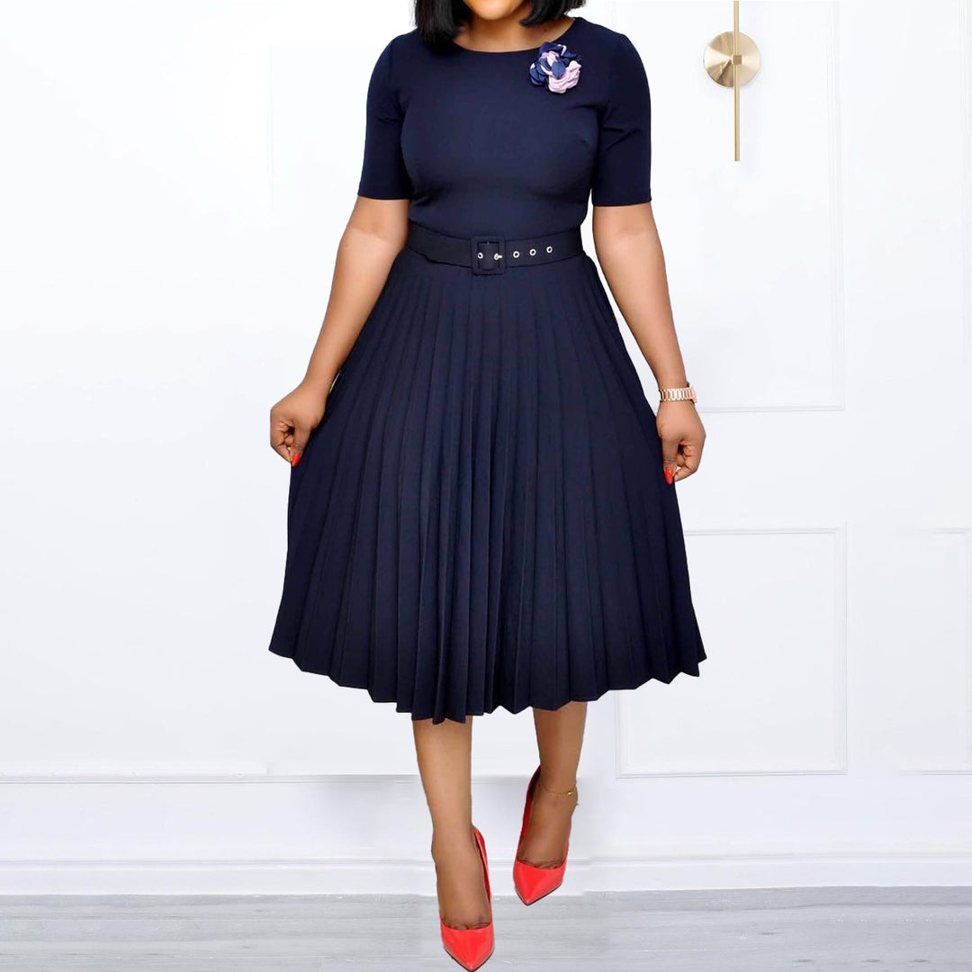 Women's Pleated Dress with Waist Belt and Elegant Silhouette Lisslune
