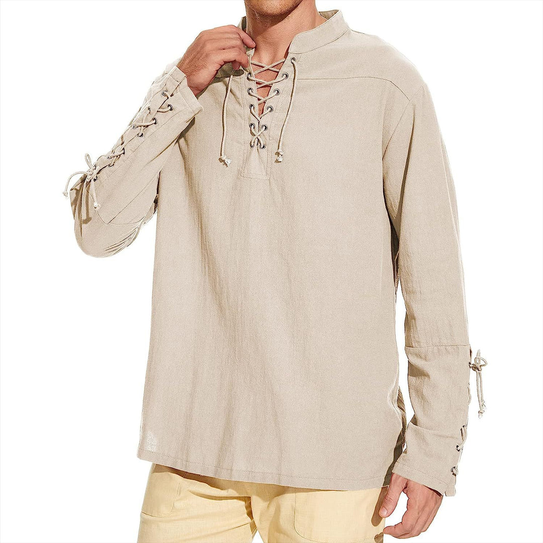 Men's linen shirt with original lacing design and casual stand-up collar Lisslune