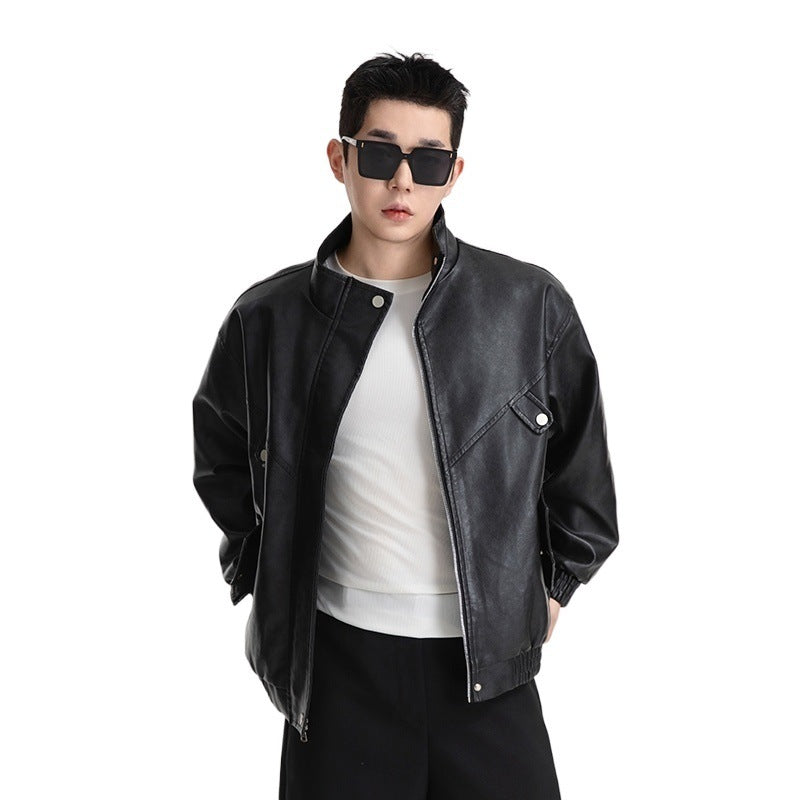 Men's synthetic leather jacket in a casual look with practical flap pockets Lisslune