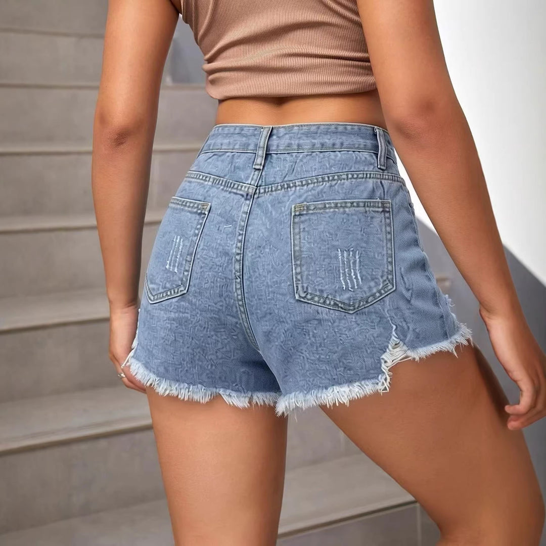Women's trendy destroyed denim shorts with frayed hem Lisslune