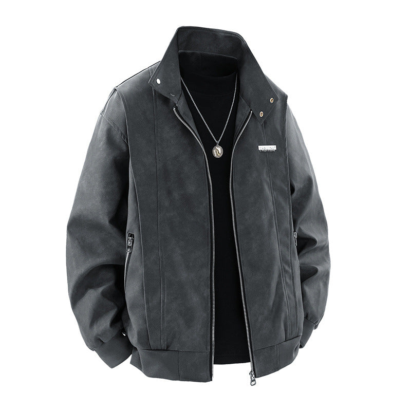 Men's stylish synthetic leather jacket with unique stand-up collar and practical zip pockets Lisslune