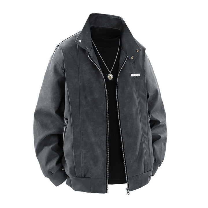 Men's stylish synthetic leather jacket with unique stand-up collar and practical zip pockets Lisslune