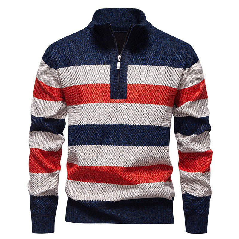 Men's stylish knit sweater with a half-high collar and contrasting stripes Lisslune