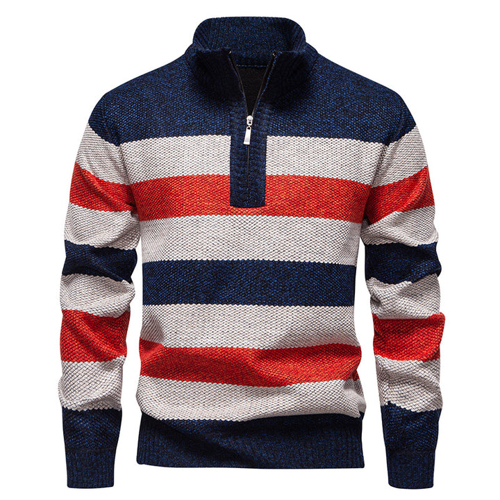Men's stylish knit sweater with a half-high collar and contrasting stripes Lisslune