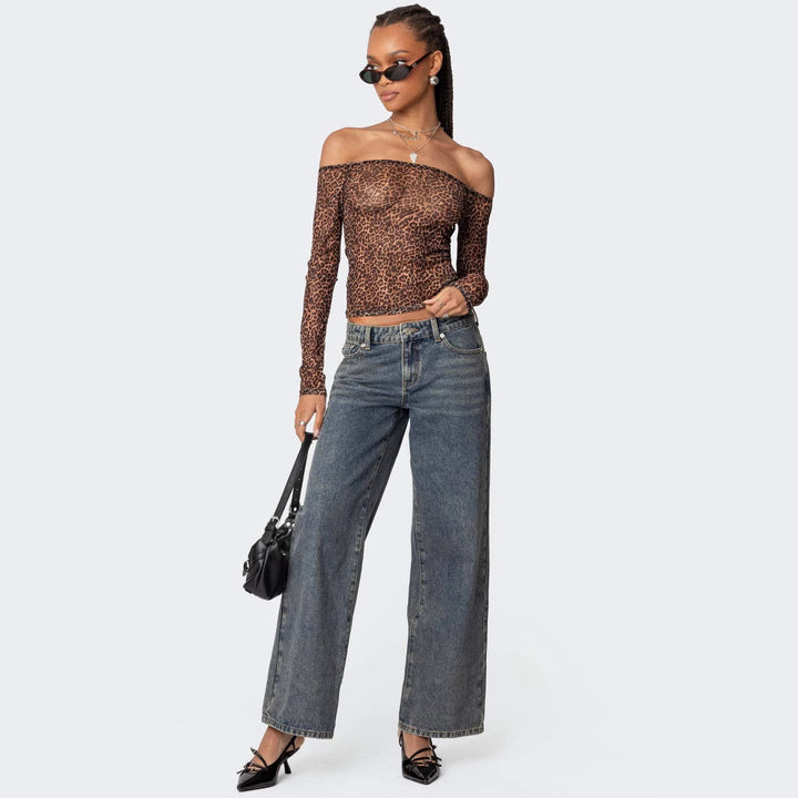 Women's Off-Shoulder Long Sleeve Shirt with Leopard Print Lisslune