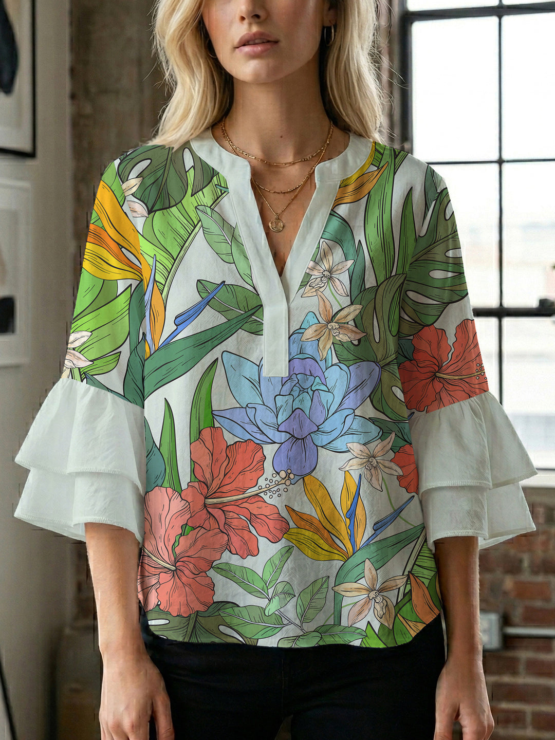 Ladies elegant blouse shirt with voluminous puff sleeves and graphic floral design Lisslune