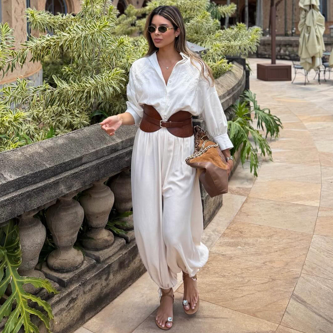 Women's voluminous jumpsuit with elegant button blouse and waist belt Lisslune