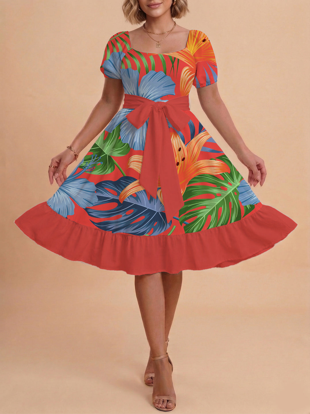 Women's elegant maxi dress with floral design and waist belt Lisslune