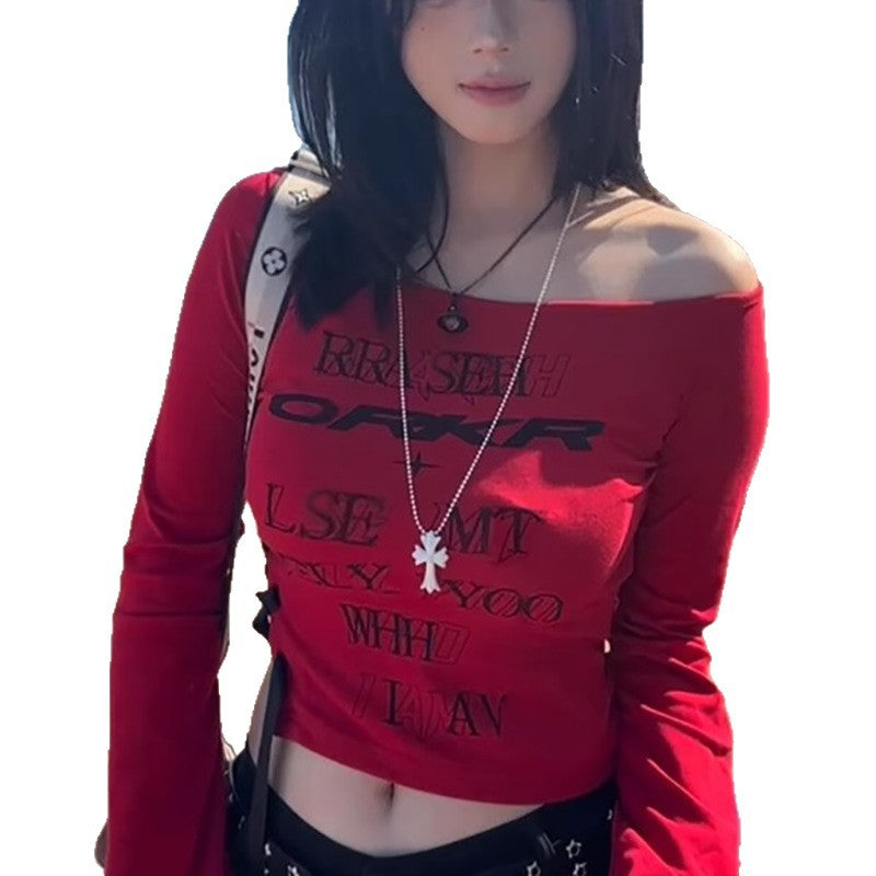 Women's fitted off-shoulder top with long sleeves and trendy lettering Lisslune