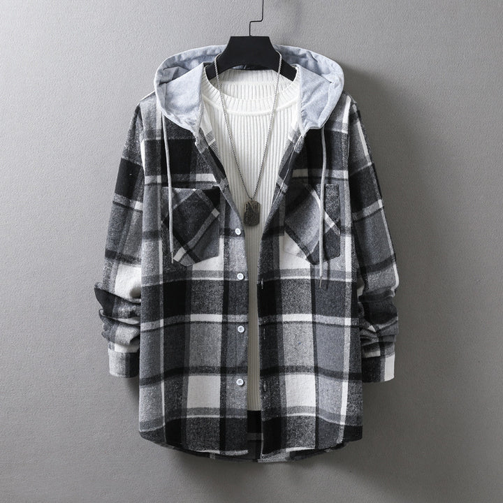 Men's casual flannel shirt jacket with hood and graphic check pattern Lisslune