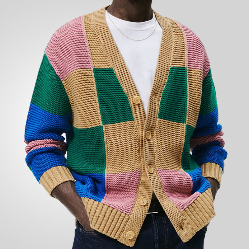 Men's cardigan with colorful block pattern and comfortable buttons Lisslune